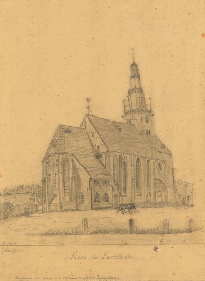 Tekening van de oude kerk van Farmsum voor de afbraak van de toren in 1855 (en de kerk in 1869) door J. Berghuis